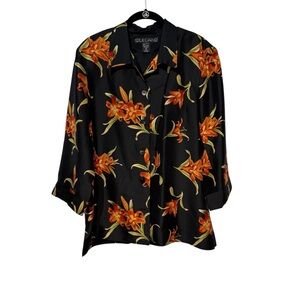 Vintage Silkland blouse in rich black floral silk featuring a collared button-up